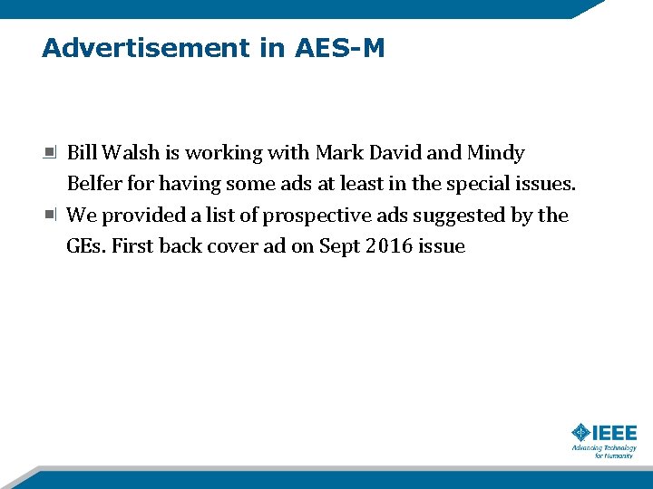Advertisement in AES-M Bill Walsh is working with Mark David and Mindy Belfer for