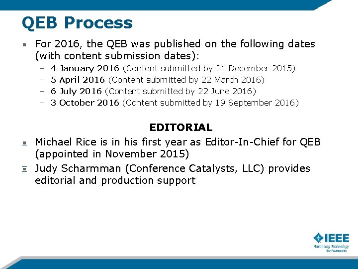 QEB Process For 2016, the QEB was published on the following dates (with content