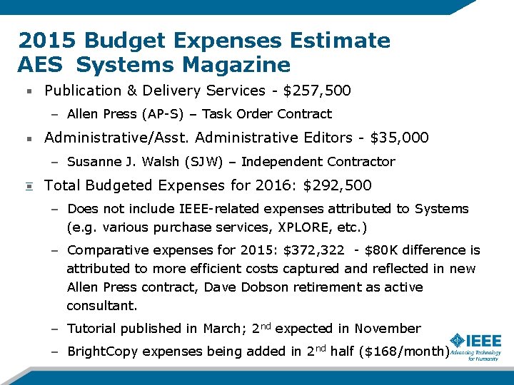 2015 Budget Expenses Estimate AES Systems Magazine Publication & Delivery Services - $257, 500