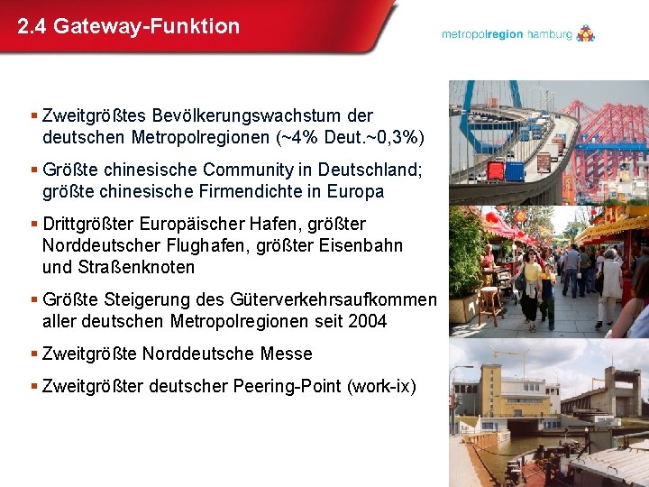 2. 4 Gateway-Funktion § Zweitgrößtes Bevölkerungswachstum der deutschen Metropolregionen (~4% Deut. ~0, 3%) §