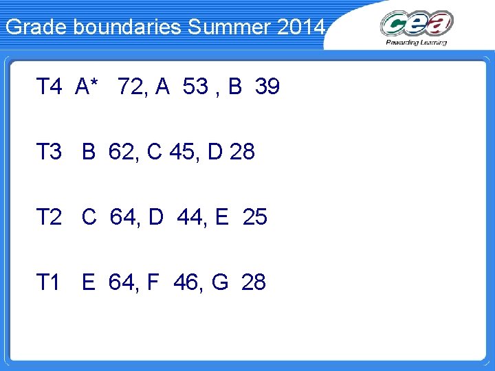 Grade boundaries Summer 2014 T 4 A* 72, A 53 , B 39 T