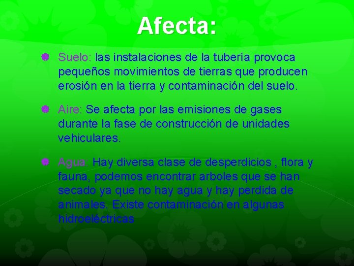 Afecta: Suelo: las instalaciones de la tubería provoca pequeños movimientos de tierras que producen