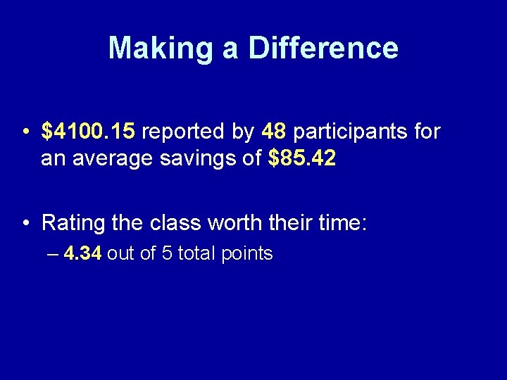Making a Difference • $4100. 15 reported by 48 participants for an average savings