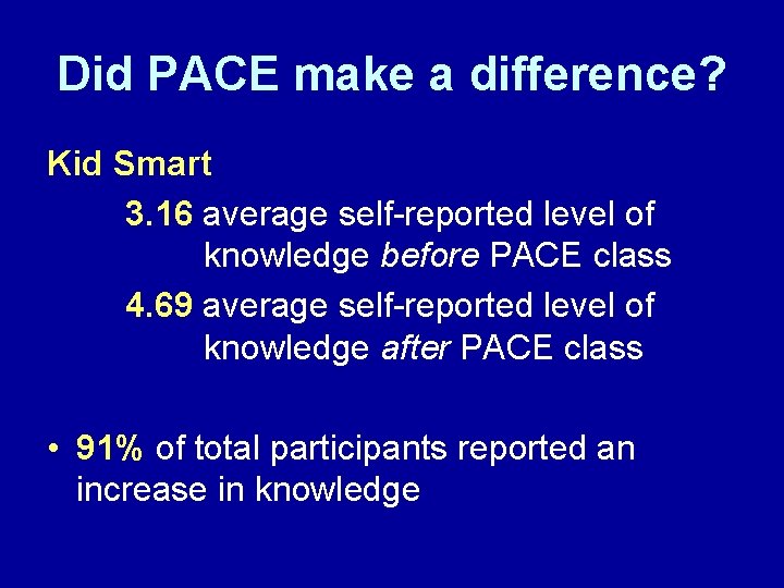 Did PACE make a difference? Kid Smart 3. 16 average self-reported level of knowledge