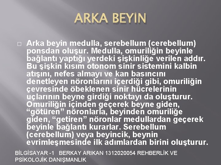 ARKA BEYİN � Arka beyin medulla, serebellum (cerebellum) ponsdan oluşur. Medulla, omuriliğin beyinle bağlantı