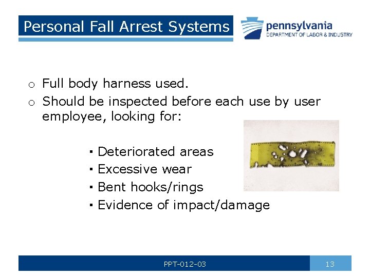 Personal Fall Arrest Systems o Full body harness used. o Should be inspected before