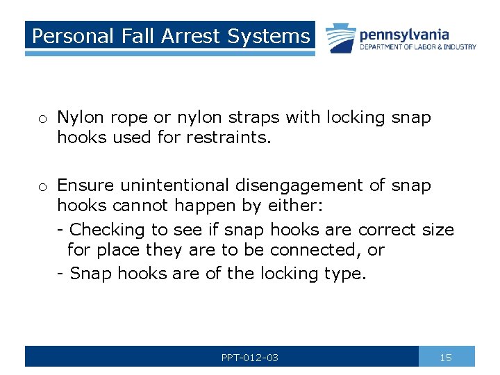 Personal Fall Arrest Systems o Nylon rope or nylon straps with locking snap hooks