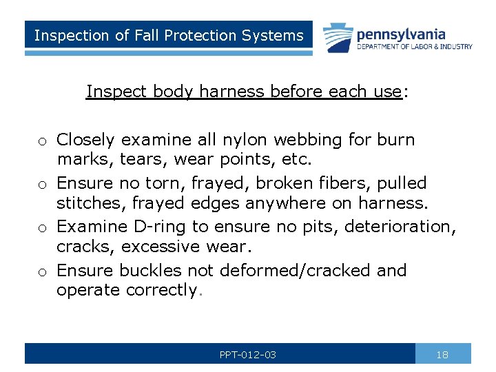 Inspection of Fall Protection Systems Inspect body harness before each use: o Closely examine
