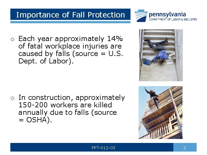 Importance of Fall Protection o Each year approximately 14% of fatal workplace injuries are
