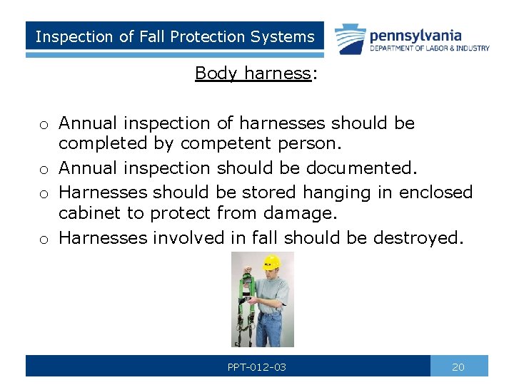 Inspection of Fall Protection Systems Body harness: o Annual inspection of harnesses should be