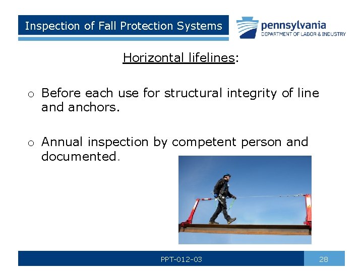 Inspection of Fall Protection Systems Horizontal lifelines: o Before each use for structural integrity