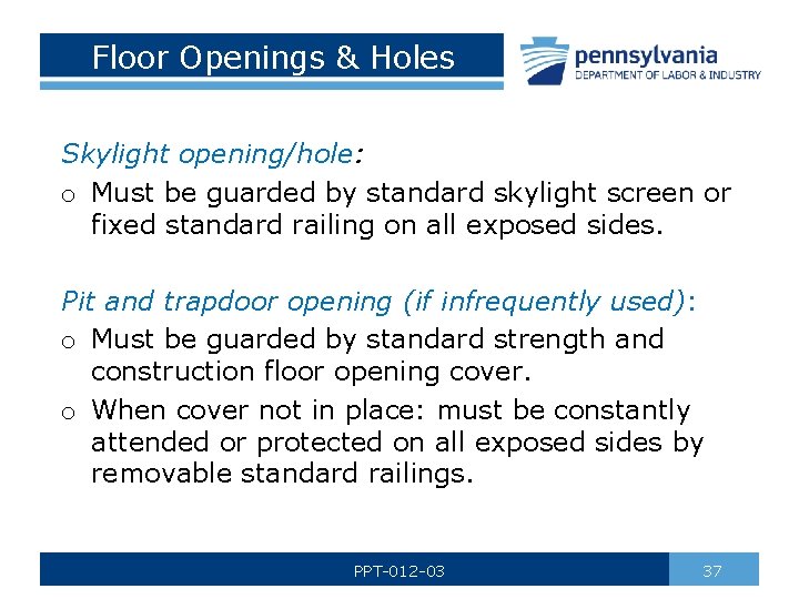 Floor Openings & Holes Skylight opening/hole: o Must be guarded by standard skylight screen