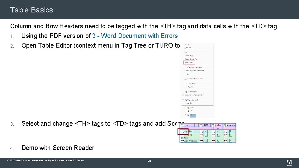 Table Basics Column and Row Headers need to be tagged with the <TH> tag
