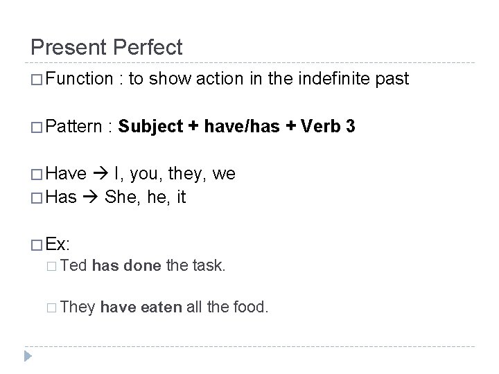 Present Perfect � Function � Pattern : to show action in the indefinite past
