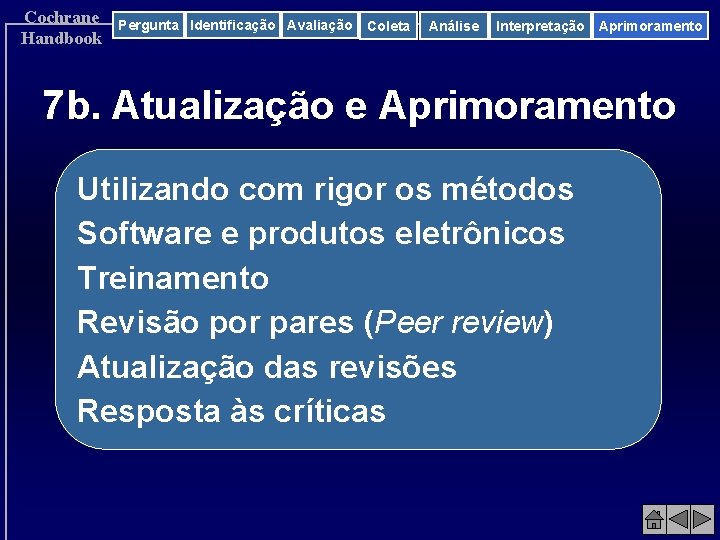 Cochrane Handbook Pergunta Identificação Avaliação Coleta Análise Interpretação Aprimoramento 7 b. Atualização e Aprimoramento