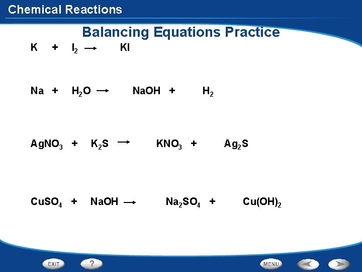 Chemical Reactions Balancing Equations Practice K + Na + I 2 KI H 2