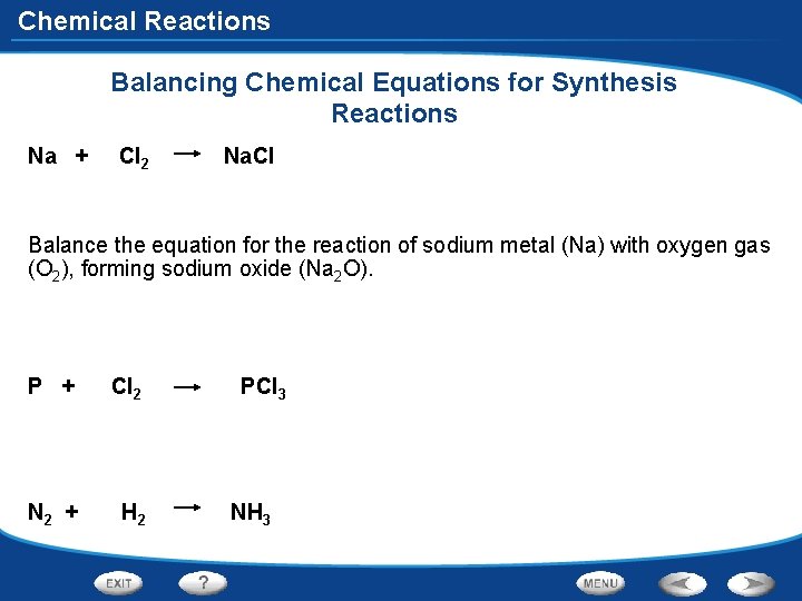 Chemical Reactions Balancing Chemical Equations for Synthesis Reactions Na + Cl 2 Na. Cl