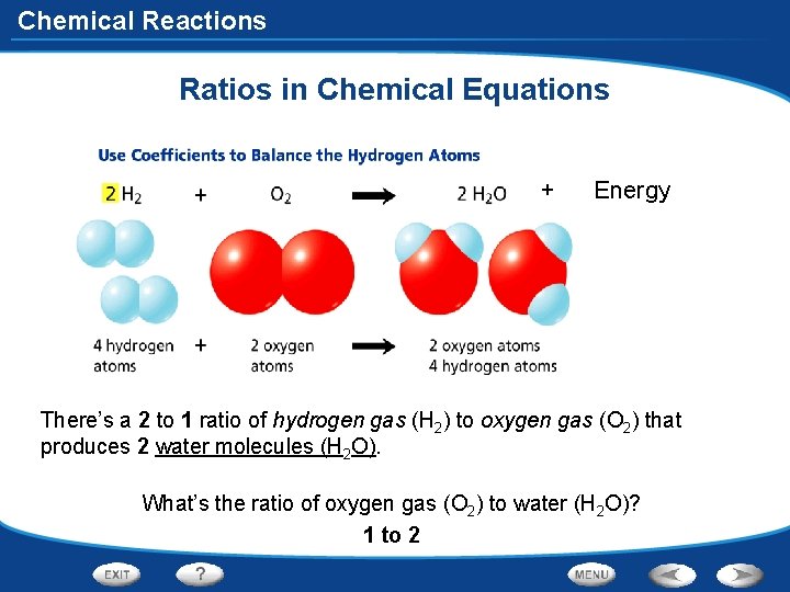Chemical Reactions Ratios in Chemical Equations + Energy There’s a 2 to 1 ratio