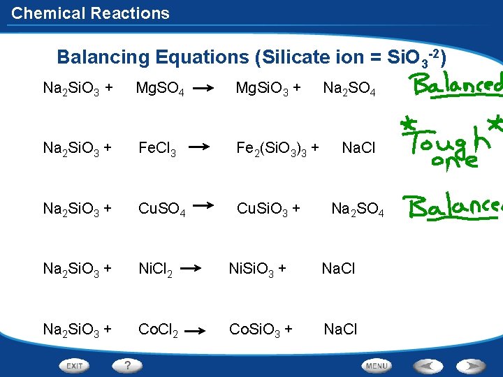 Chemical Reactions Balancing Equations (Silicate ion = Si. O 3 -2) Na 2 Si.