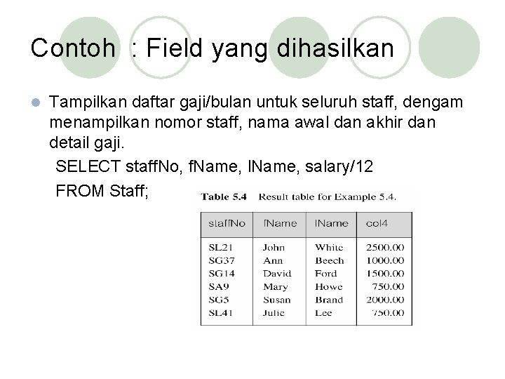 Contoh : Field yang dihasilkan l Tampilkan daftar gaji/bulan untuk seluruh staff, dengam menampilkan