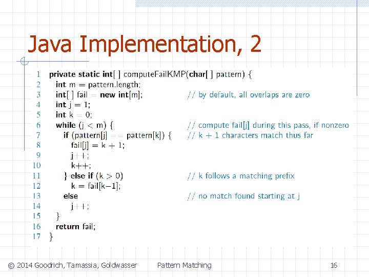 Java Implementation, 2 © 2014 Goodrich, Tamassia, Goldwasser Pattern Matching 16 