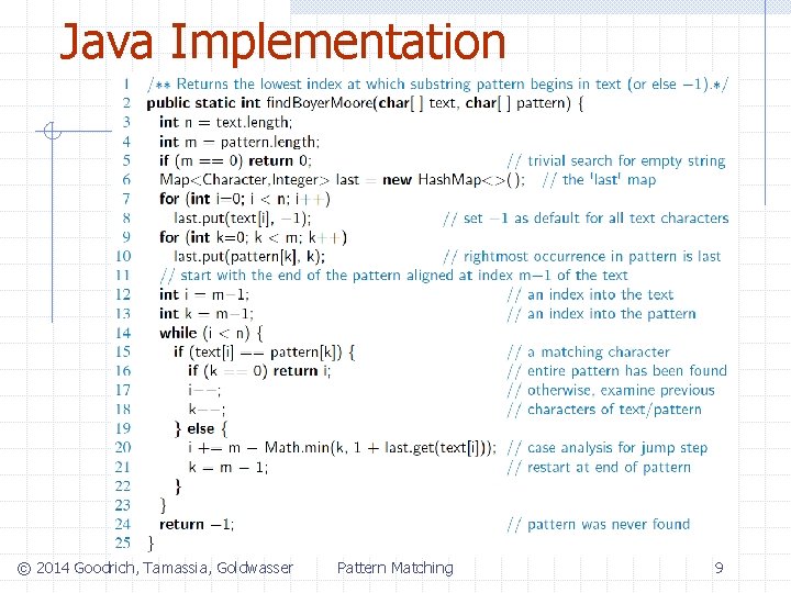 Java Implementation © 2014 Goodrich, Tamassia, Goldwasser Pattern Matching 9 