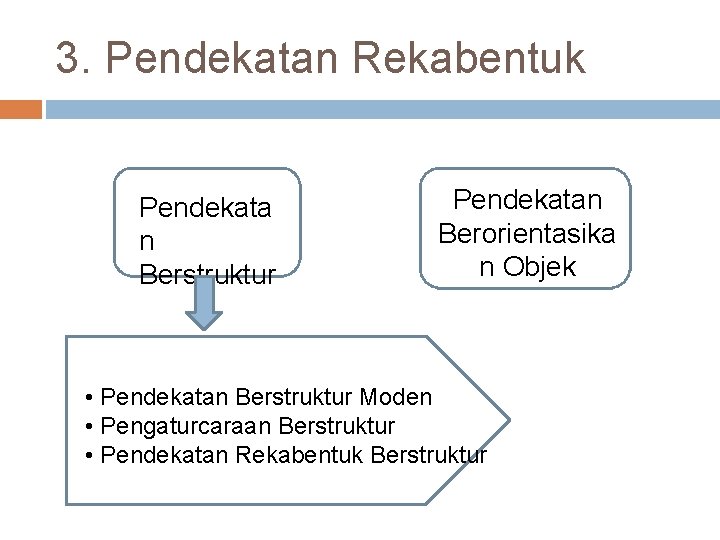 3. Pendekatan Rekabentuk Pendekata n Berstruktur Pendekatan Berorientasika n Objek • Pendekatan Berstruktur Moden