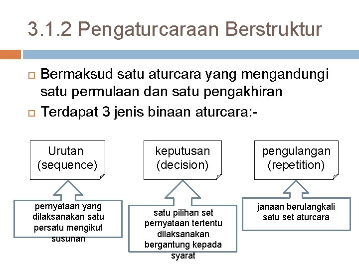 3. 1. 2 Pengaturcaraan Berstruktur Bermaksud satu aturcara yang mengandungi satu permulaan dan satu