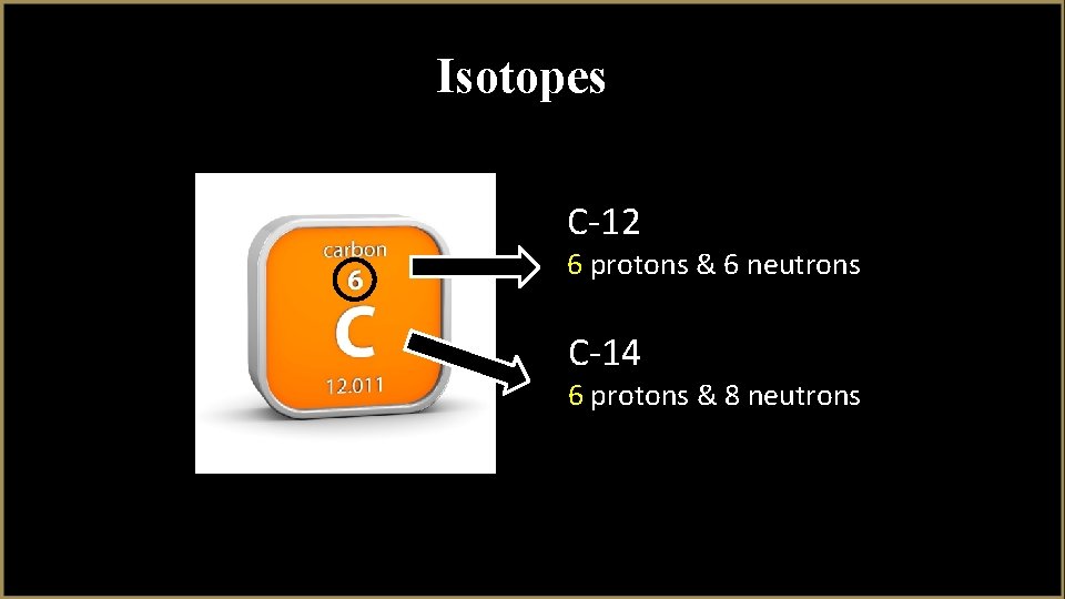 Isotopes C-12 6 protons & 6 neutrons C-14 6 protons & 8 neutrons 