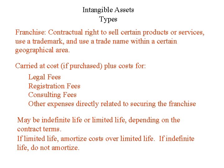 Intangible Assets Types Franchise: Contractual right to sell certain products or services, use a