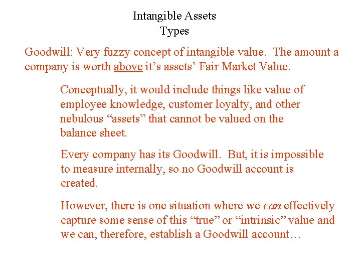 Intangible Assets Types Goodwill: Very fuzzy concept of intangible value. The amount a company