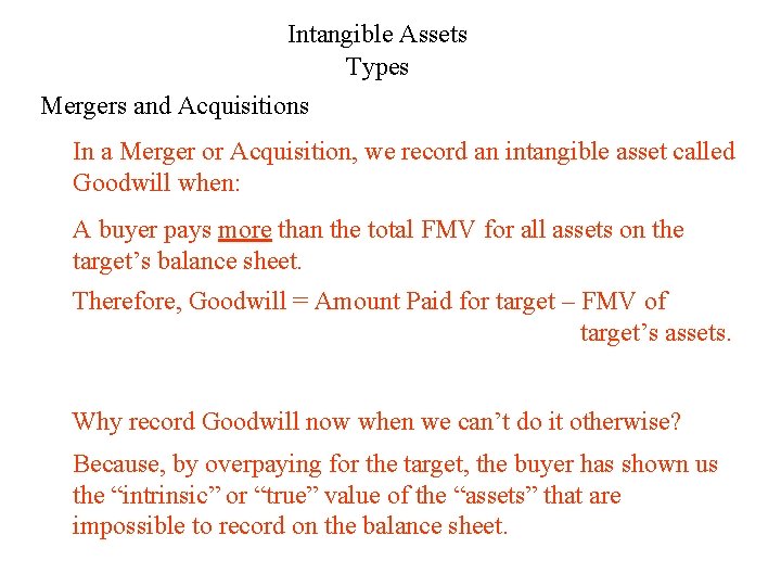 Intangible Assets Types Mergers and Acquisitions In a Merger or Acquisition, we record an