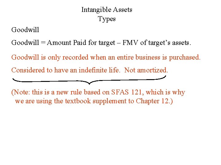 Intangible Assets Types Goodwill = Amount Paid for target – FMV of target’s assets.