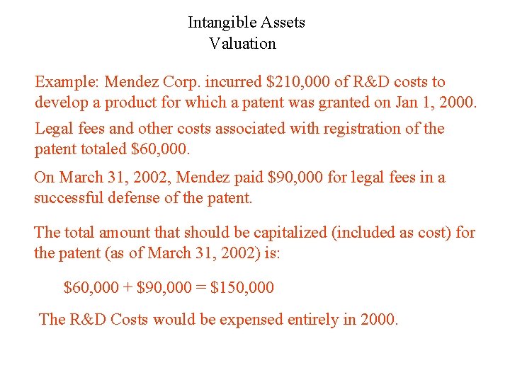 Intangible Assets Valuation Example: Mendez Corp. incurred $210, 000 of R&D costs to develop