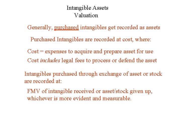 Intangible Assets Valuation Generally, purchased intangibles get recorded as assets Purchased Intangibles are recorded