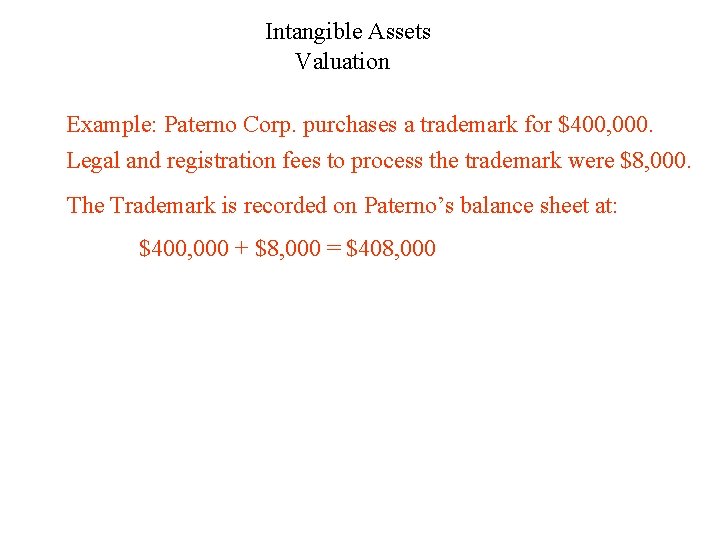 Intangible Assets Valuation Example: Paterno Corp. purchases a trademark for $400, 000. Legal and