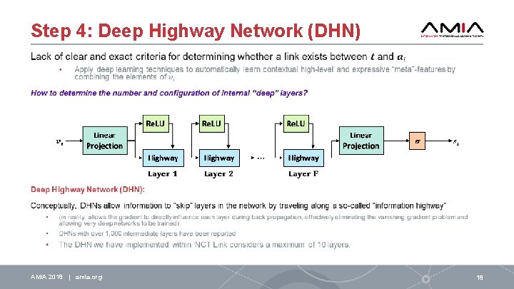 Step 4: Deep Highway Network (DHN) AMIA 2018 | amia. org 18 