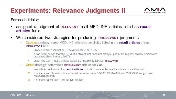 Experiments: Relevance Judgments II AMIA 2018 | amia. org 22 