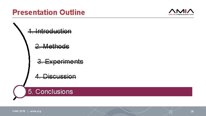 Presentation Outline 1. Introduction 2. Methods 3. Experiments 4. Discussion 5. Conclusions AMIA 2018