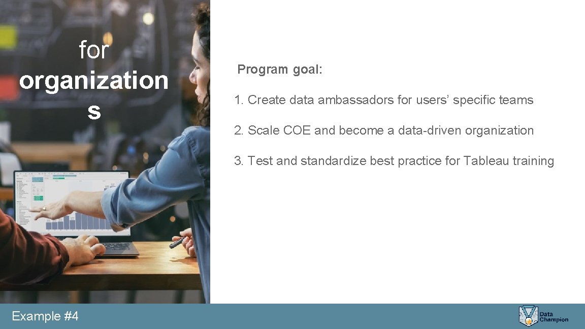 for organization s Program goal: 1. Create data ambassadors for users’ specific teams 2.