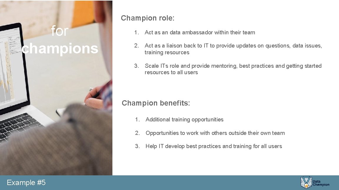 Champion role: for champions 1. Act as an data ambassador within their team 2.