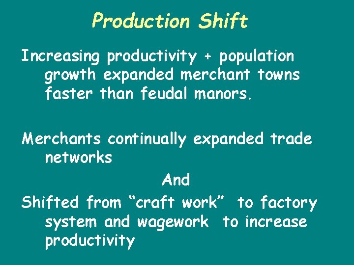 Production Shift Increasing productivity + population growth expanded merchant towns faster than feudal manors.