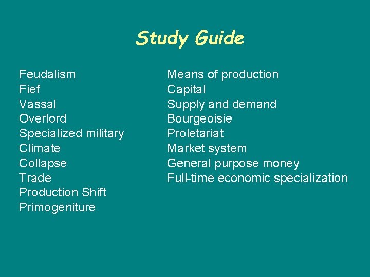 Study Guide Feudalism Fief Vassal Overlord Specialized military Climate Collapse Trade Production Shift Primogeniture