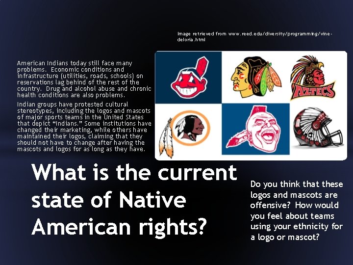 Image retrieved from www. reed. edu/diversity/programming/vinedeloria. html American Indians today still face many problems.