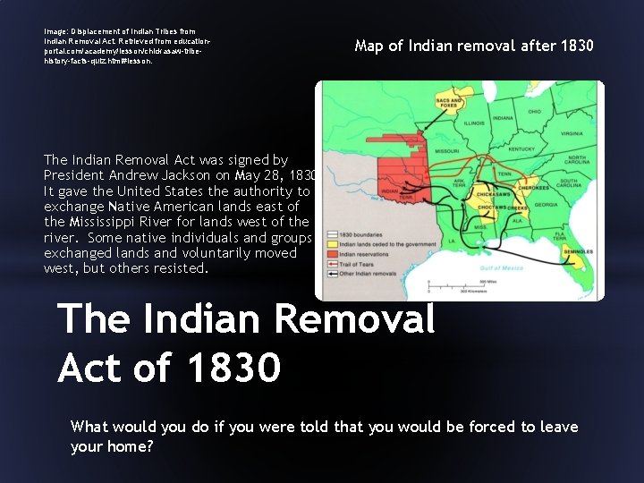 Image: Displacement of Indian Tribes from Indian Removal Act. Retrieved from educationportal. com/academy/lesson/chickasaw-tribehistory-facts-quiz. html#lesson.