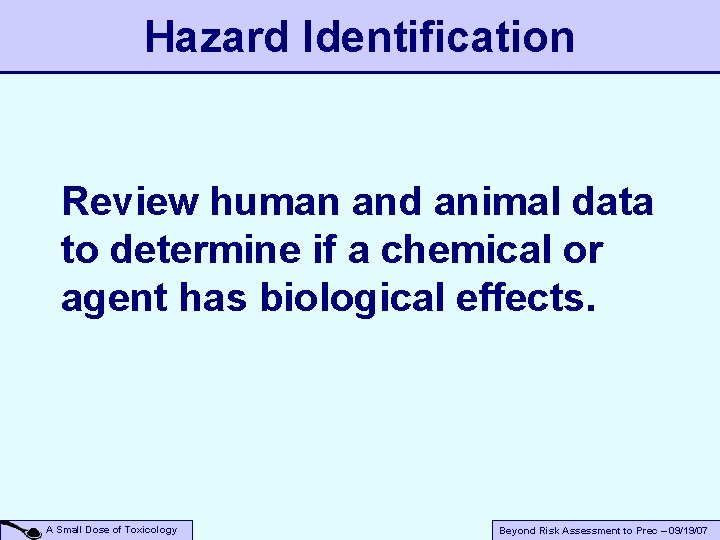 Hazard Identification Review human and animal data to determine if a chemical or agent