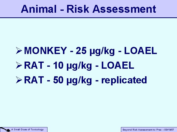Animal - Risk Assessment Ø MONKEY - 25 µg/kg - LOAEL Ø RAT -