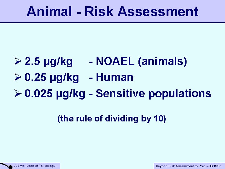Animal - Risk Assessment Ø 2. 5 µg/kg - NOAEL (animals) Ø 0. 25