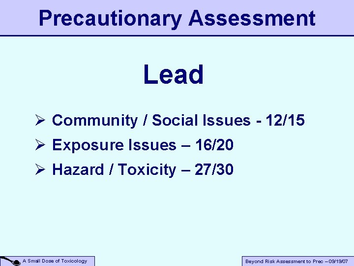 Precautionary Assessment Lead Ø Community / Social Issues - 12/15 Ø Exposure Issues –