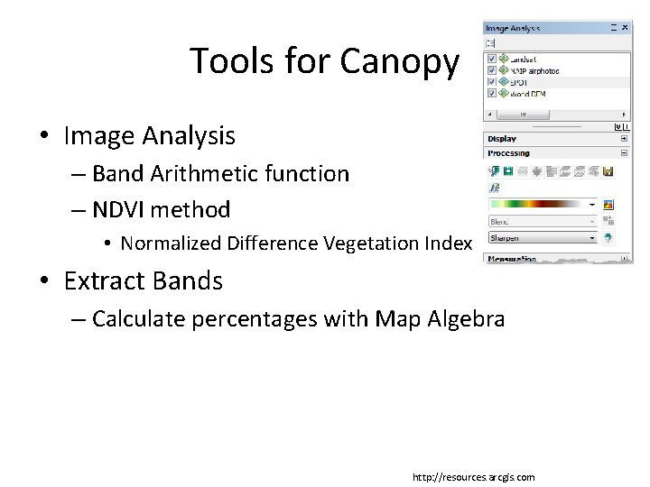 Tools for Canopy • Image Analysis – Band Arithmetic function – NDVI method •